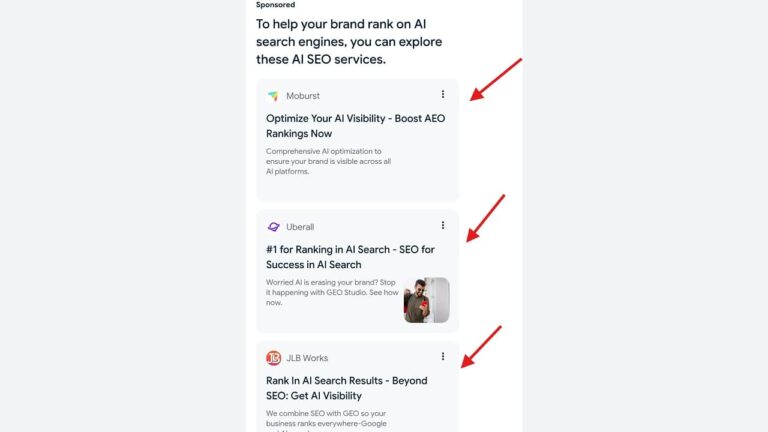 Three sponsored AI search engine optimization service listings from Moburst, Uberall, and JLB Works, each indicated by a red arrow.