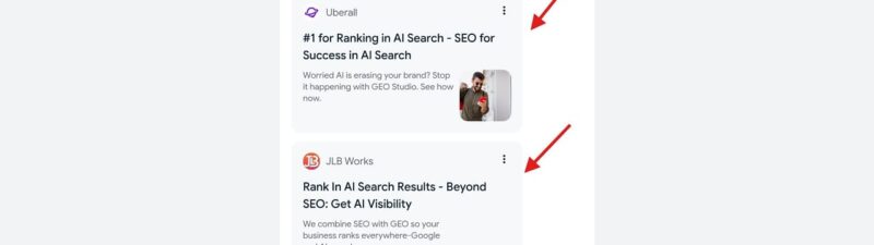 Three sponsored AI search engine optimization service listings from Moburst, Uberall, and JLB Works, each indicated by a red arrow.