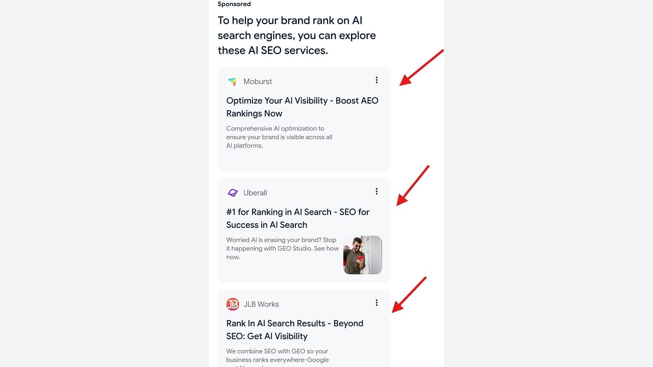Three sponsored AI search engine optimization service listings from Moburst, Uberall, and JLB Works, each indicated by a red arrow.
