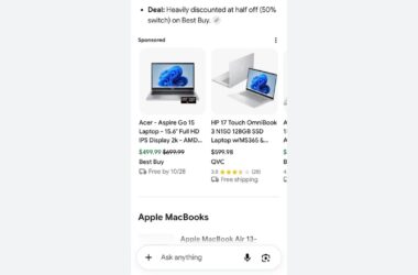 Shopping search results page showing two laptops for sale, the Acer Aspire Go 15 and the HP 17 Touch OmniBook, with prices and store information.
