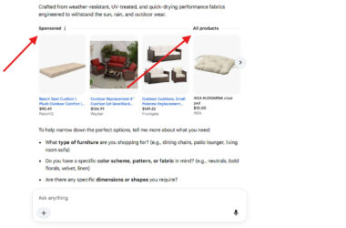 Screenshot of Google Shopping results showing outdoor furniture products with red upward arrows pointing to sponsored items and all products sections, demonstrating new labeling in AI mode with product listings from PatioHQ, Wayfair, Frontgate and IKEA.