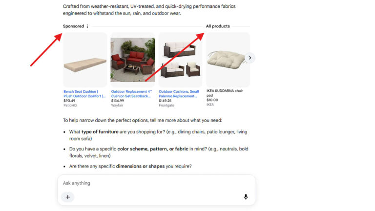 Screenshot of Google Shopping results showing outdoor furniture products with red upward arrows pointing to sponsored items and all products sections, demonstrating new labeling in AI mode with product listings from PatioHQ, Wayfair, Frontgate and IKEA.