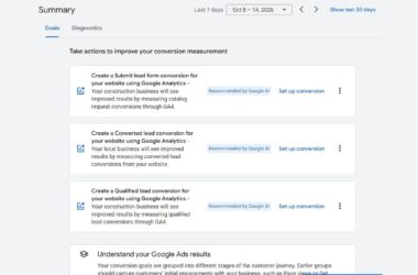 Google Analytics conversion goals recommendations page showing AI-suggested conversion tracking setup options for construction and local businesses