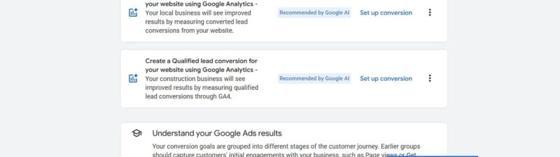 Google Analytics conversion goals recommendations page showing AI-suggested conversion tracking setup options for construction and local businesses