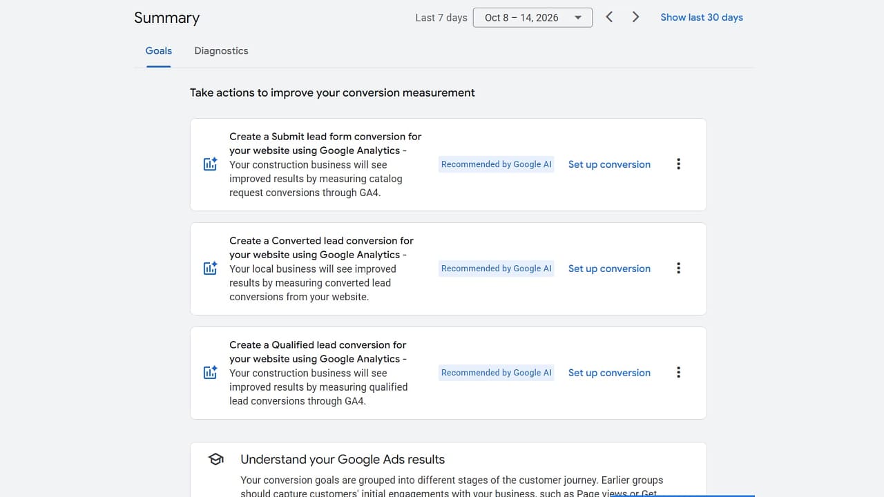 Google Analytics conversion goals recommendations page showing AI-suggested conversion tracking setup options for construction and local businesses