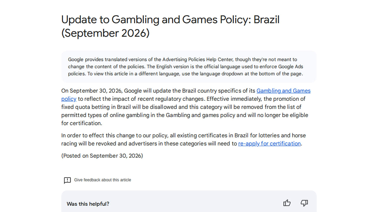 Google policy notice showing the Brazil fixed-quota betting restriction and 30 September 2026 publication date.