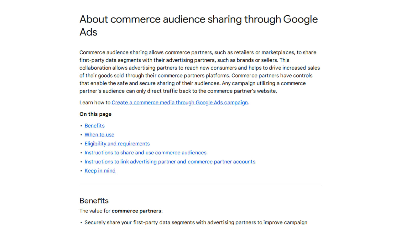 Google Ads help page titled “About commerce audience sharing through Google Ads,” outlining the benefits and instructions for sharing first-party data segments between commerce partners and advertising partners.