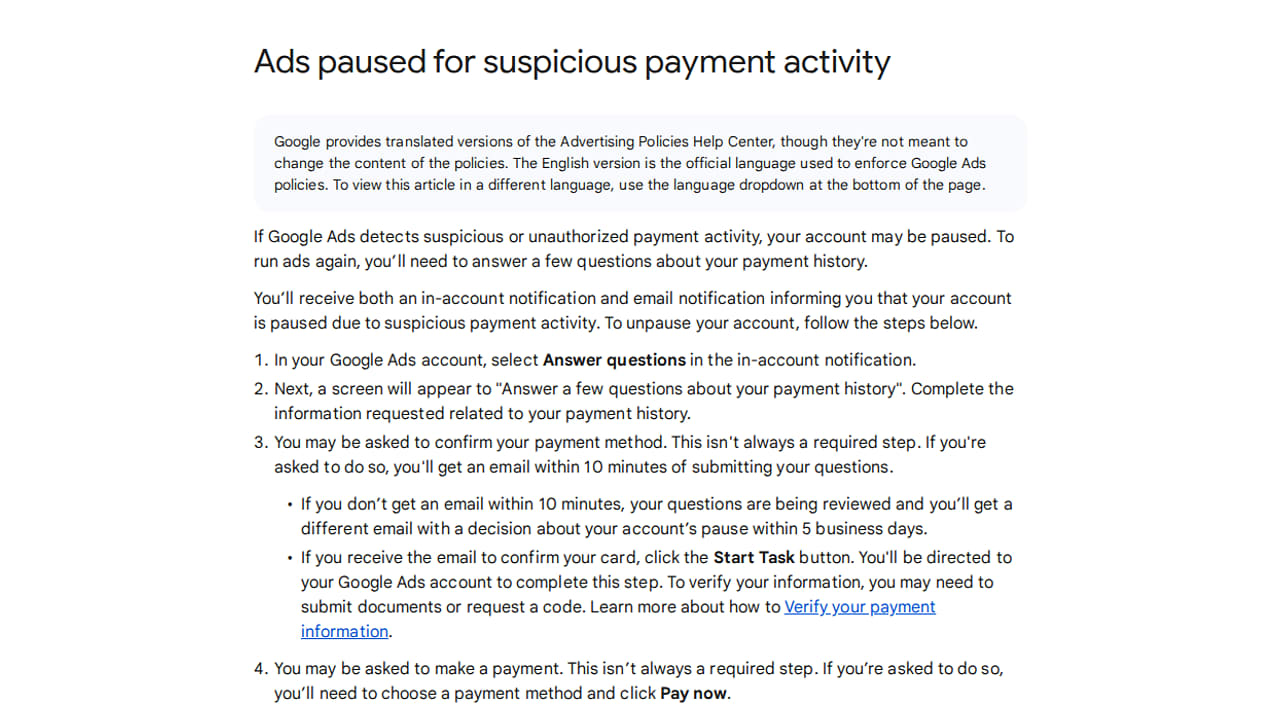 Google Ads Help instructions for accounts paused because of suspicious payment activity.
