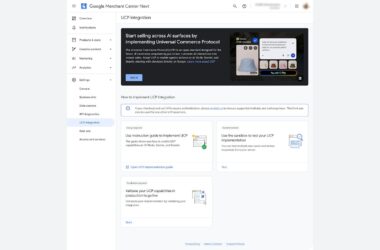 Google Merchant Center Next page for UCP integration, featuring an promotional banner about Universal Commerce Protocol and a guide to implementation, testing, and validation steps.