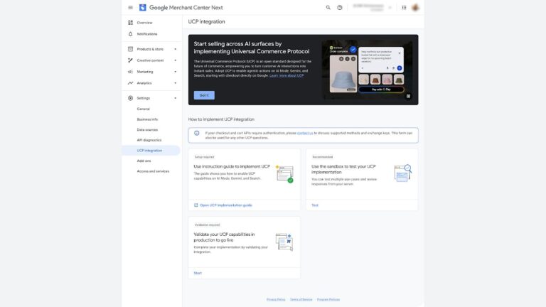 Google Merchant Center Next page for UCP integration, featuring an promotional banner about Universal Commerce Protocol and a guide to implementation, testing, and validation steps.