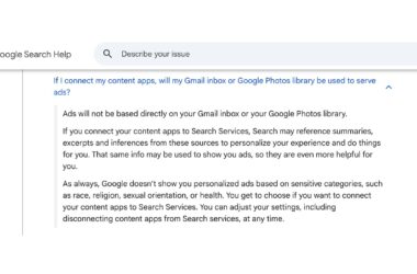 Screenshot of Google Search Help page explaining how Gmail inbox and Google Photos library data are used for personalized ads when content apps are connected to Search Services.