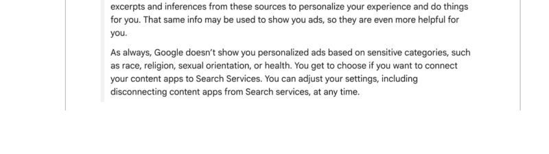 Screenshot of Google Search Help page explaining how Gmail inbox and Google Photos library data are used for personalized ads when content apps are connected to Search Services.
