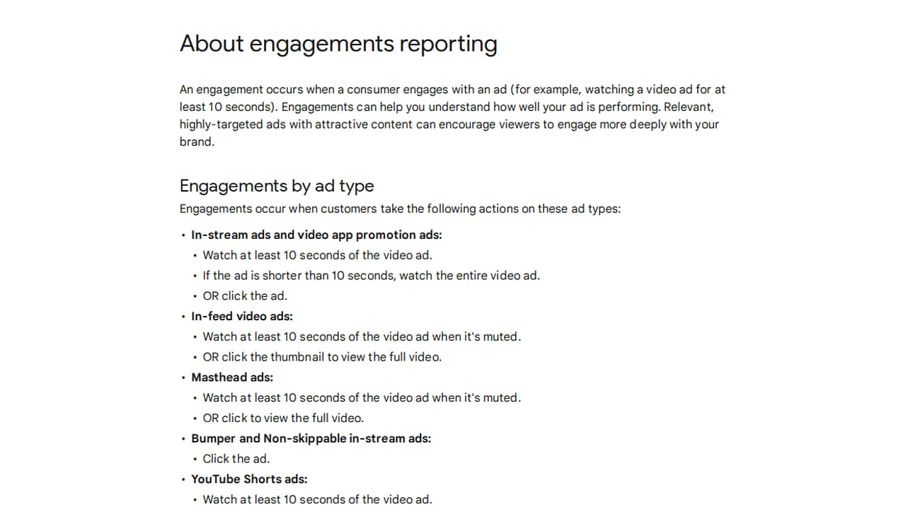 Informational text defining engagement for different YouTube ad types, including in-stream, in-feed, masthead, bumper, and Shorts ads.