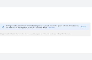 Notification banner stating that starting in October, featured professionals will no longer show on ads, headshots are optional, and editing a profile will update information shown in Google Search results.