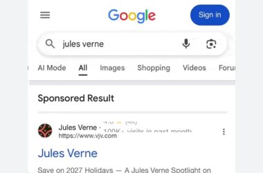 Google search results page showing sponsored ad for Jules Verne with scrolling marquee text and underlined elements in search ad format