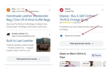 Screenshot of Google Search results showing Etsy and Depop ads with star ratings and review counts displayed, highlighting new review display features in search advertisements