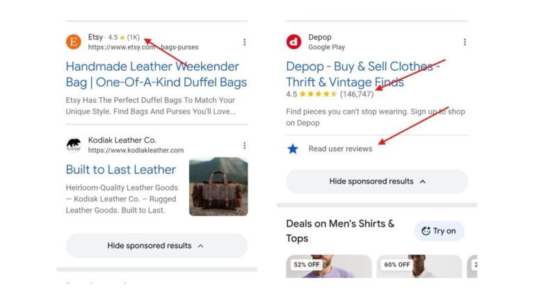 Screenshot of Google Search results showing Etsy and Depop ads with star ratings and review counts displayed, highlighting new review display features in search advertisements