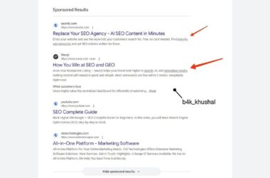 A list of Google search results with red arrows pointing to the first two entries and a black arrow pointing to the text “b4k_khushal.”