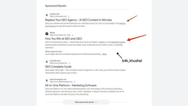 A list of Google search results with red arrows pointing to the first two entries and a black arrow pointing to the text “b4k_khushal.”