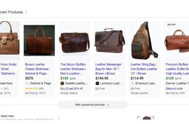 Sponsored Products section showing six leather bags and briefcases from various brands including Michael Kors, Satchel & Page, and Saddle Leather with prices ranging from $119 to $575, displaying product images, ratings, prices, and delivery information in Google Shopping format.