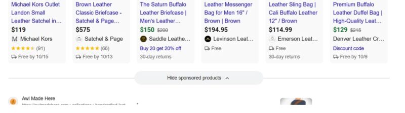 Sponsored Products section showing six leather bags and briefcases from various brands including Michael Kors, Satchel & Page, and Saddle Leather with prices ranging from $119 to $575, displaying product images, ratings, prices, and delivery information in Google Shopping format.