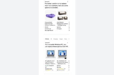 A digital shopping interface displaying sponsored product listings for ergonomic seat cushions and HP laptops, each with pricing, ratings, and vendor information.