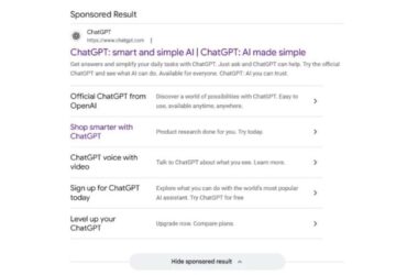 Screenshot of a Google search results page showing a sponsored ChatGPT ad with multiple sitelinks displaying different features and options including Official ChatGPT from OpenAI, Shop smarter with ChatGPT, ChatGPT voice with video, Sign up for ChatGPT today, and Level up your ChatGPT, with a Hide sponsored result button at the bottom.