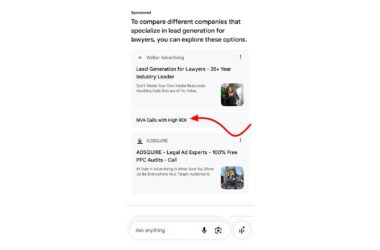 Screenshot of Google search results showing sponsored ads for lead generation services for lawyers, with a red arrow pointing to "MVA Calls with High ROI" text from Walker Advertising's ad listing.