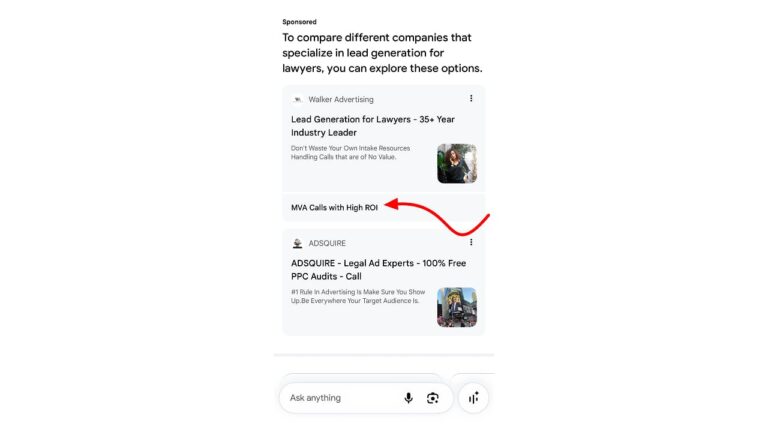 Screenshot of Google search results showing sponsored ads for lead generation services for lawyers, with a red arrow pointing to "MVA Calls with High ROI" text from Walker Advertising's ad listing.