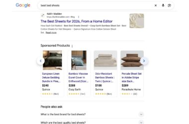 Google search results page showing sponsored bed sheet products displayed in a horizontal carousel grid format with product images, names, prices, and star ratings below the main search result from Kaitlin Madden's blog about best bed sheets for 2026.