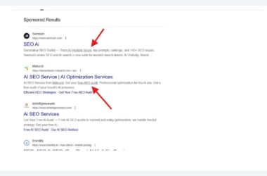 A list of search engine sponsored results for “SEO Ai” services with two red arrows pointing to the first and second entries.