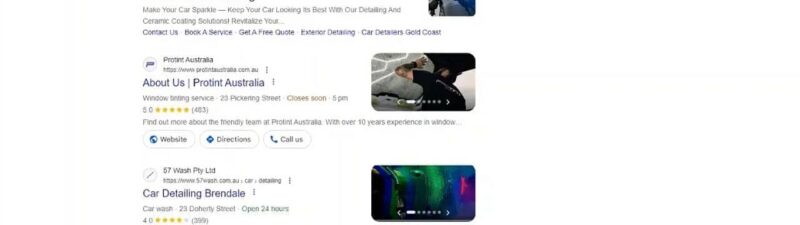 Google search results page showing sponsored listings for car detailing services in Brisbane with pop-up information indicators marked by red circles on the ads