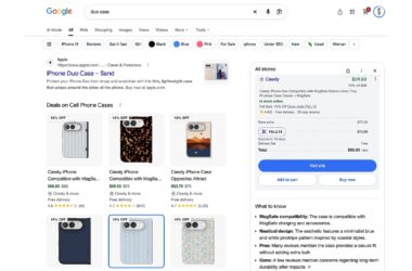 Google search results page for "duo case" showing iPhone case product listings with prices, ratings, and a shopping panel on the right displaying Casely brand case options with add to cart and buy now buttons.