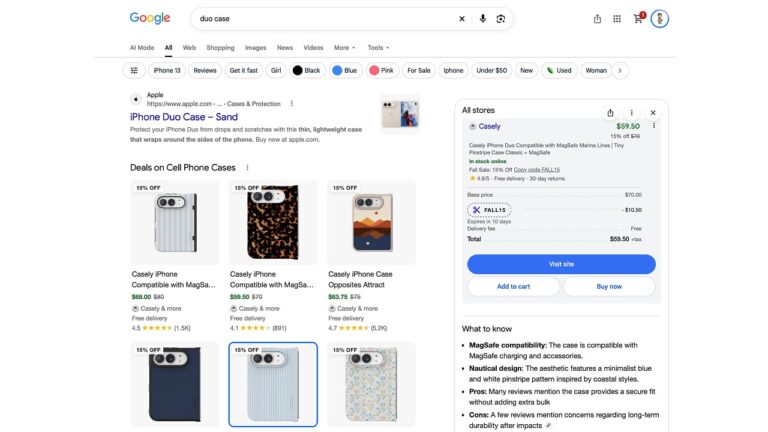 Google search results page for "duo case" showing iPhone case product listings with prices, ratings, and a shopping panel on the right displaying Casely brand case options with add to cart and buy now buttons.