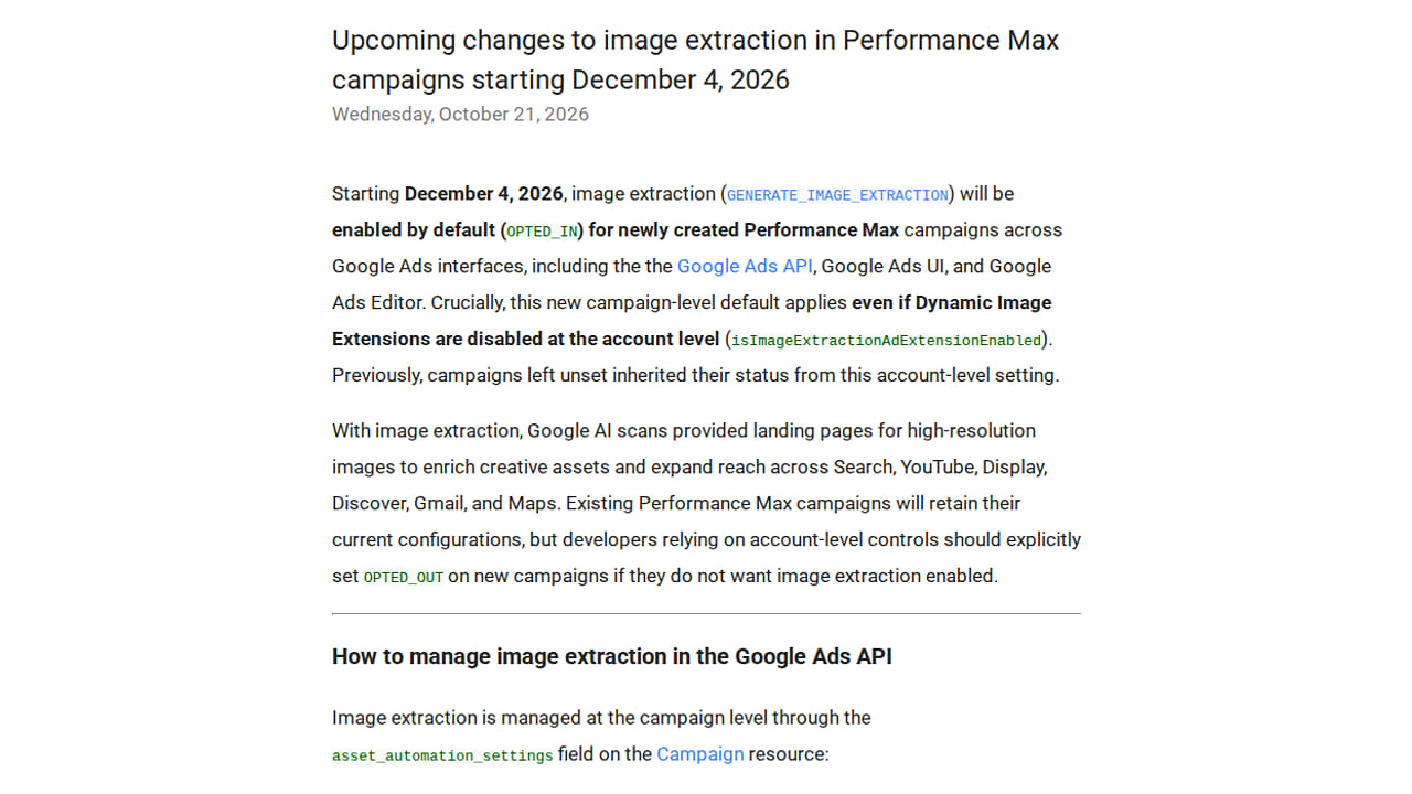 Text announcement regarding upcoming changes to image extraction in Google Ads Performance Max campaigns effective December 4, 2026.