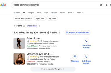 Google search results page showing sponsored immigration lawyers in Fresno, CA with phone number reveal on hover functionality in local service ads