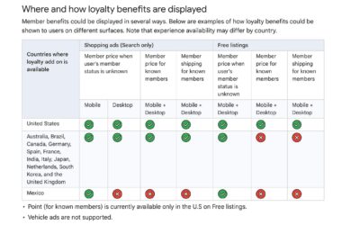 Table showing where and how eBay loyalty benefits are displayed across shopping ads and free listings in different countries, including member pricing and shipping discounts available on mobile and desktop surfaces.