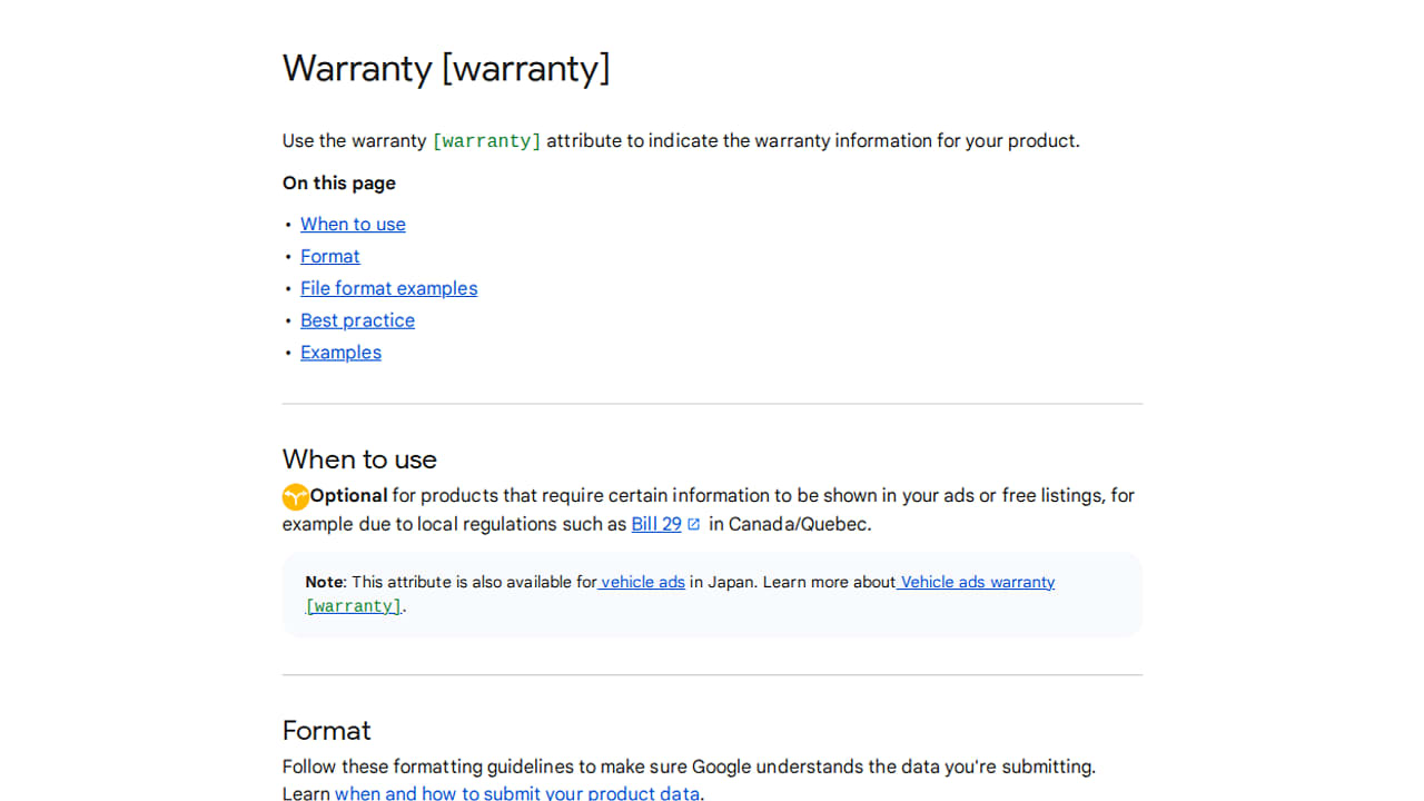 Help page for the warranty product attribute, including sections on when to use it, formatting guidelines, file examples, and best practices.