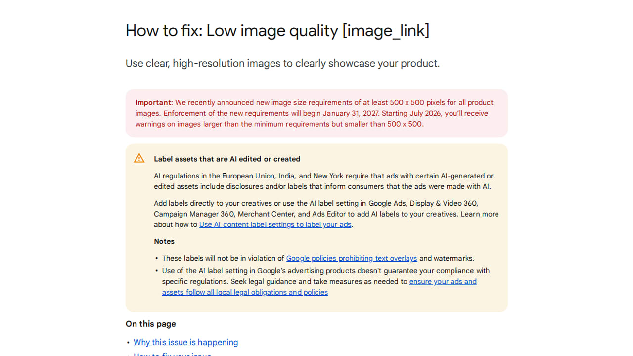 Informational guide on fixing low-quality images, including new size requirements and instructions for labeling AI-generated assets in Google Ads.