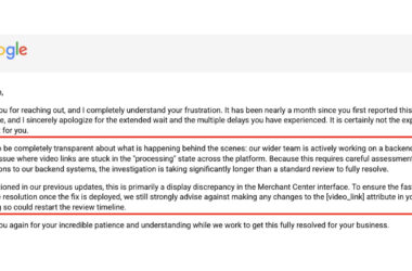 Screenshot of Google's response email to Arpan explaining a backend fix for video links stuck in processing state across their platform, with key details highlighted in red