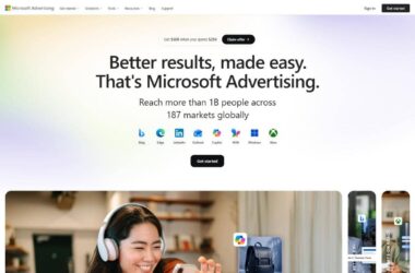 Microsoft Advertising website homepage showing the main headline "Better results, made easy. That's Microsoft Advertising" with icons of Bing, Edge, LinkedIn, Outlook, Copilot, MSN, Windows, and Xbox, and a call-to-action button to get started.