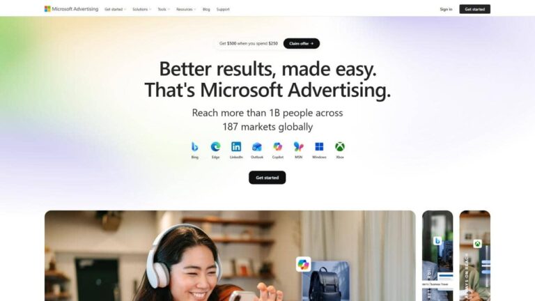 Microsoft Advertising website homepage showing the main headline "Better results, made easy. That's Microsoft Advertising" with icons of Bing, Edge, LinkedIn, Outlook, Copilot, MSN, Windows, and Xbox, and a call-to-action button to get started.