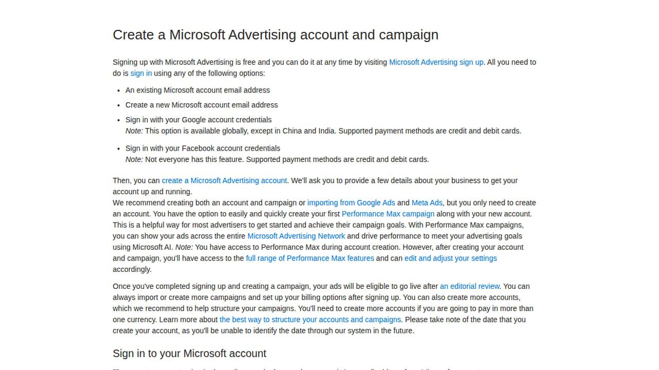 Instructions on how to create a Microsoft Advertising account and campaign, including sign-in options and steps for setting up your first ad.
