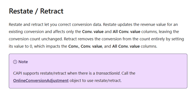 Documentation explaining the difference between restate and retract functions for conversion data correction in Microsoft's conversion API, with a note about using OnlineConversionAdjustment object