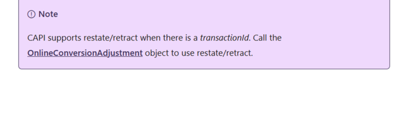 Documentation explaining the difference between restate and retract functions for conversion data correction in Microsoft's conversion API, with a note about using OnlineConversionAdjustment object