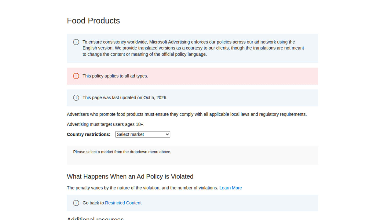 Microsoft Advertising policy page for food products, noting age restrictions, country selection requirements, and policy enforcement information.