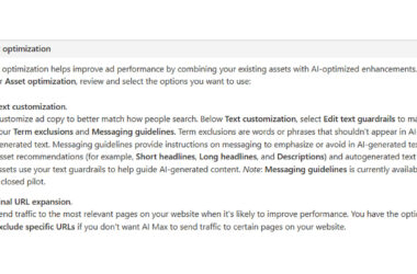 Screenshot of Asset optimization settings in Microsoft Ads showing Text customization and Final URL expansion options with Text guardrails and Messaging guidelines features