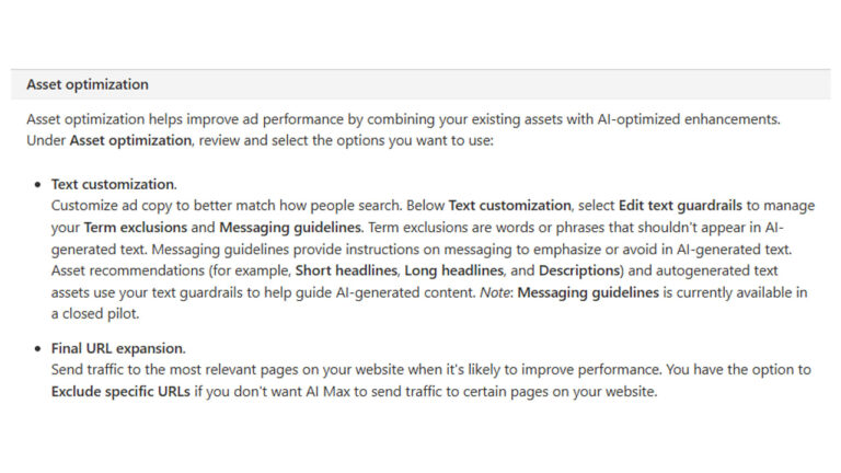 Screenshot of Asset optimization settings in Microsoft Ads showing Text customization and Final URL expansion options with Text guardrails and Messaging guidelines features