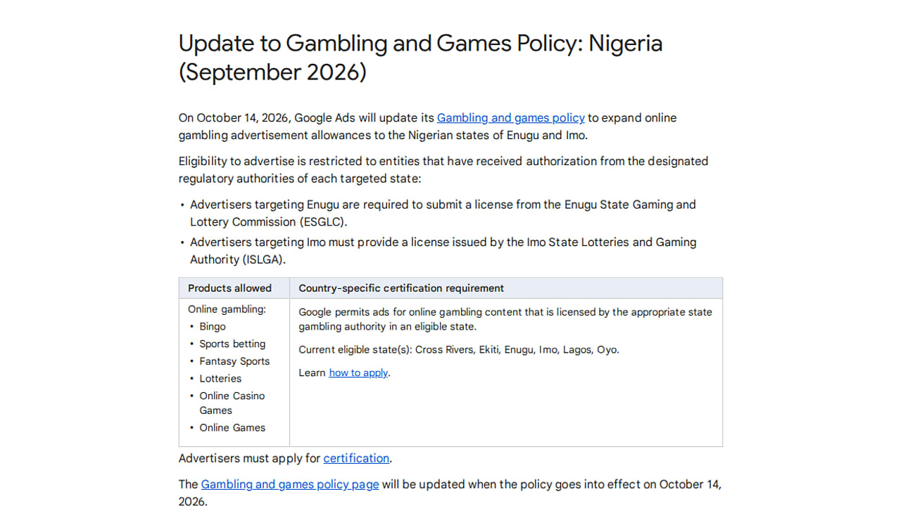 Google Ads policy update notification for Nigeria, outlining gambling and gaming license requirements for specific states and listing eligible online game types.
