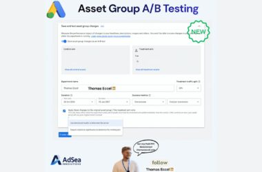 A digital interface for setting up an A/B test for asset groups, showing fields for the experiment name, duration, success metrics, and traffic split settings.